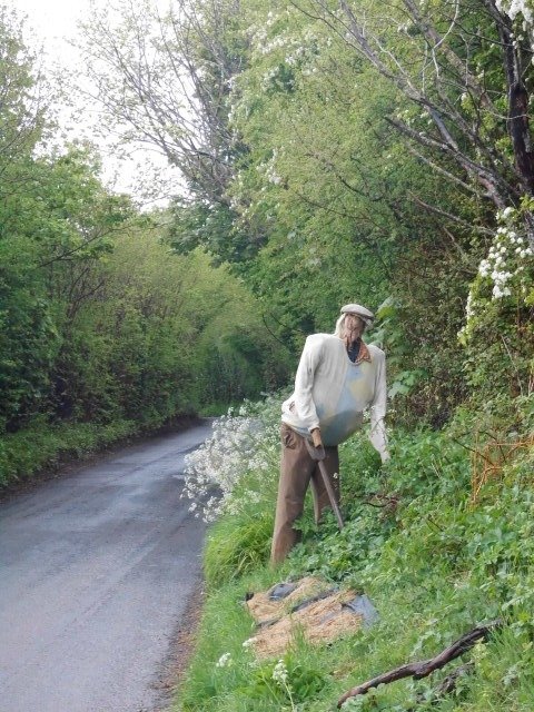 scarecrow figure in a flat cap on a grassy wildflowered roadside verge